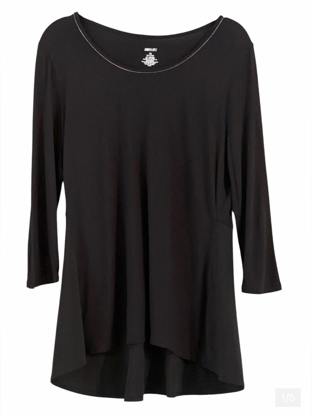 JLo Mixed Media Peplum Tunic Top Black Intricate Silver Chain Neckline Size M